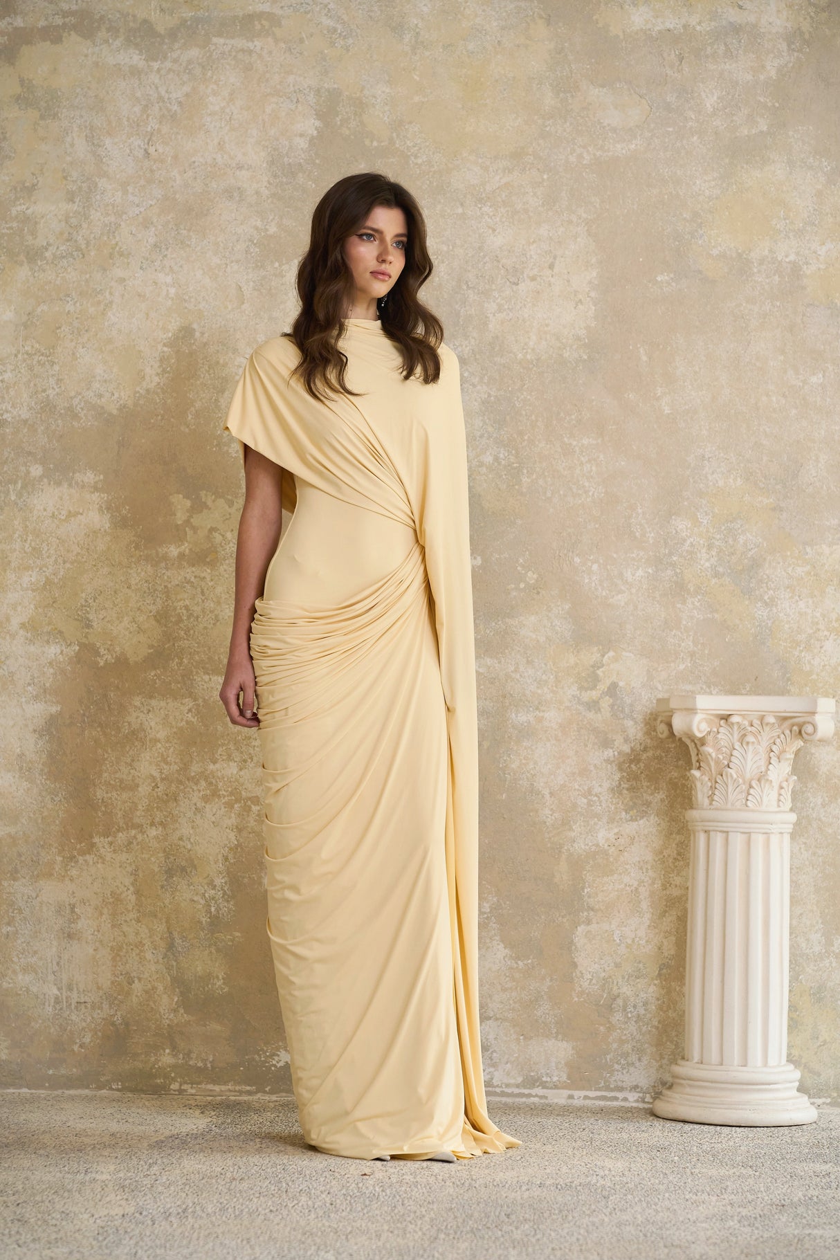 Aurohaya Fenella Yellow Asymmetrical Draped Cape & Dress Matching Set