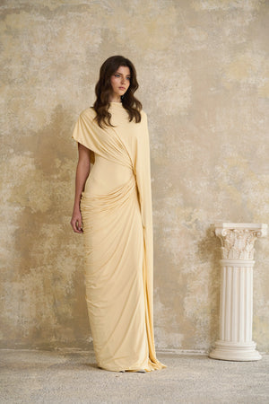Aurohaya Fenella Yellow Asymmetrical Draped Cape & Dress Matching Set