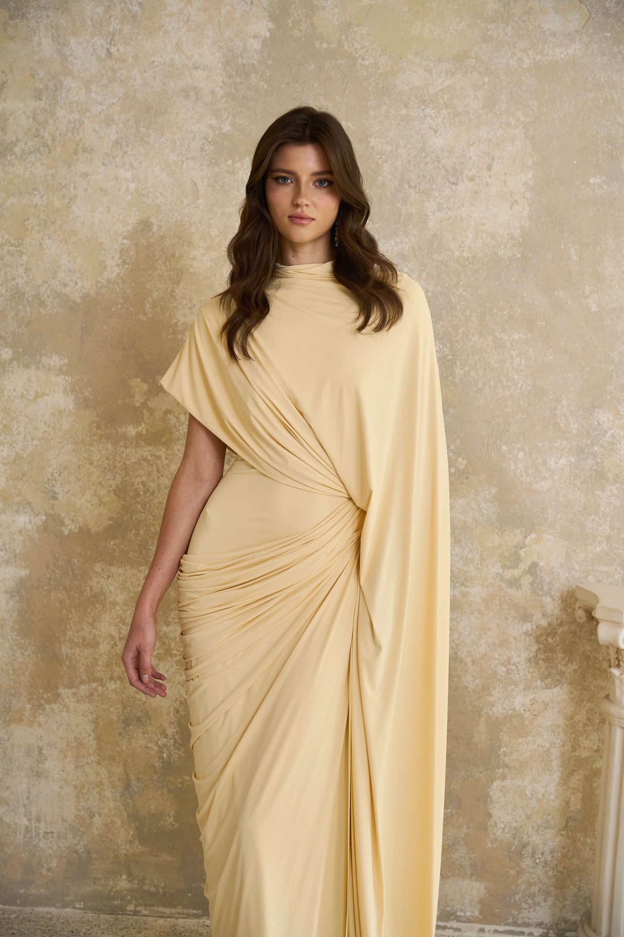 Aurohaya Fenella Yellow Asymmetrical Draped Cape & Dress Matching Set