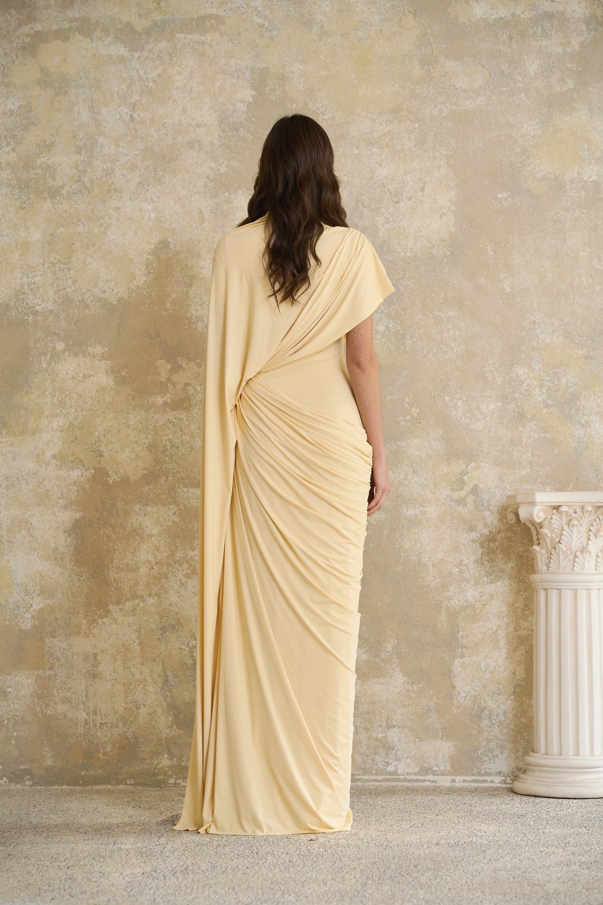 Aurohaya Fenella Yellow Asymmetrical Draped Cape & Dress Matching Set