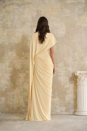 Aurohaya Fenella Yellow Asymmetrical Draped Cape & Dress Matching Set