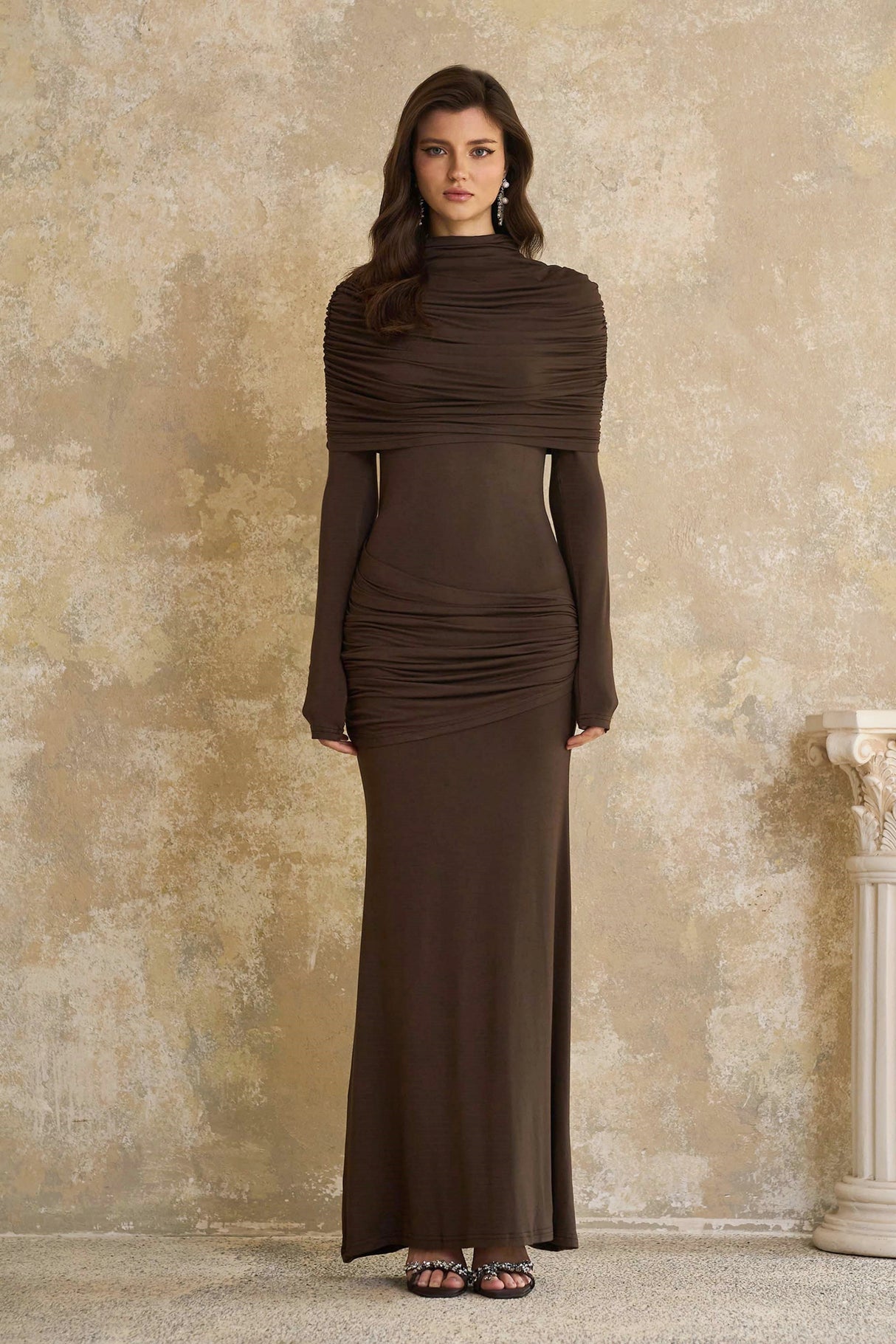Aurohaya Éléna Brown Cape Design Ruched Maxi Dress