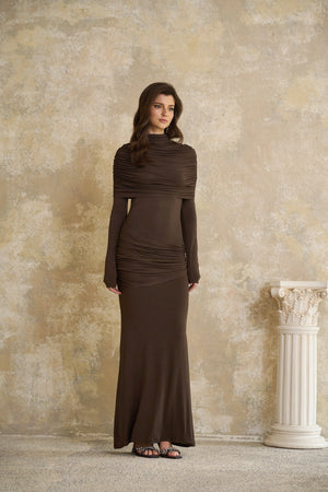 Aurohaya Éléna Brown Cape Design Ruched Maxi Dress