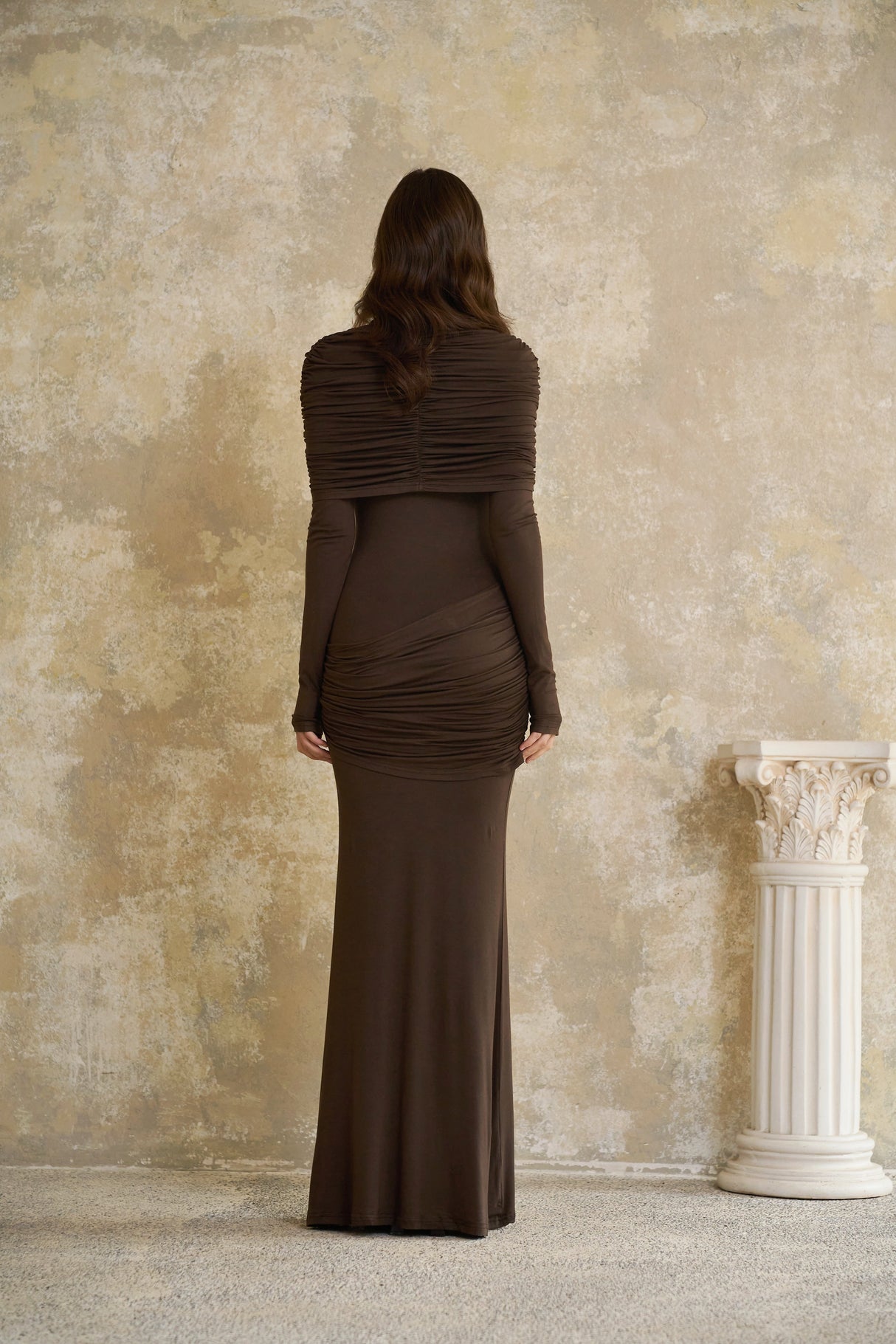 Aurohaya Éléna Brown Cape Design Ruched Maxi Dress