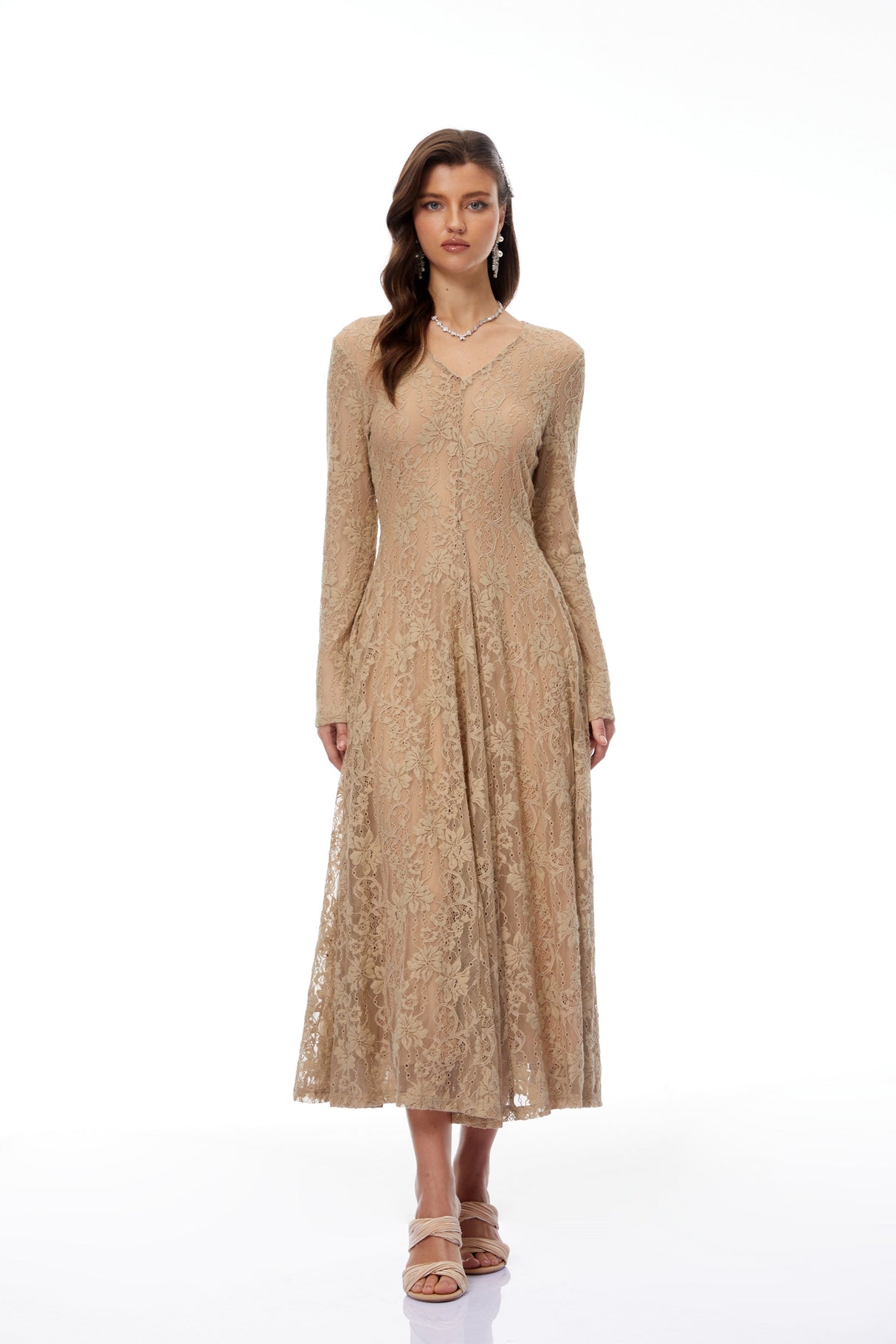 Aurohaya Fernanda Neutral Floral Lace Midi Dress