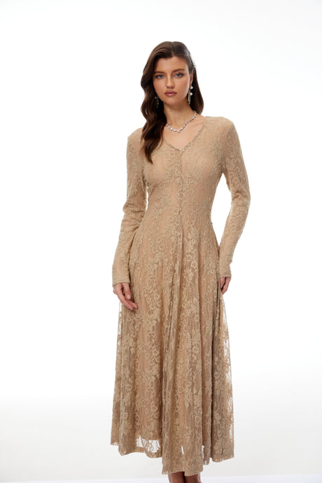 Aurohaya Fernanda Neutral Floral Lace Midi Dress