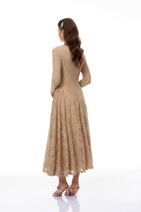 Aurohaya Fernanda Neutral Floral Lace Midi Dress
