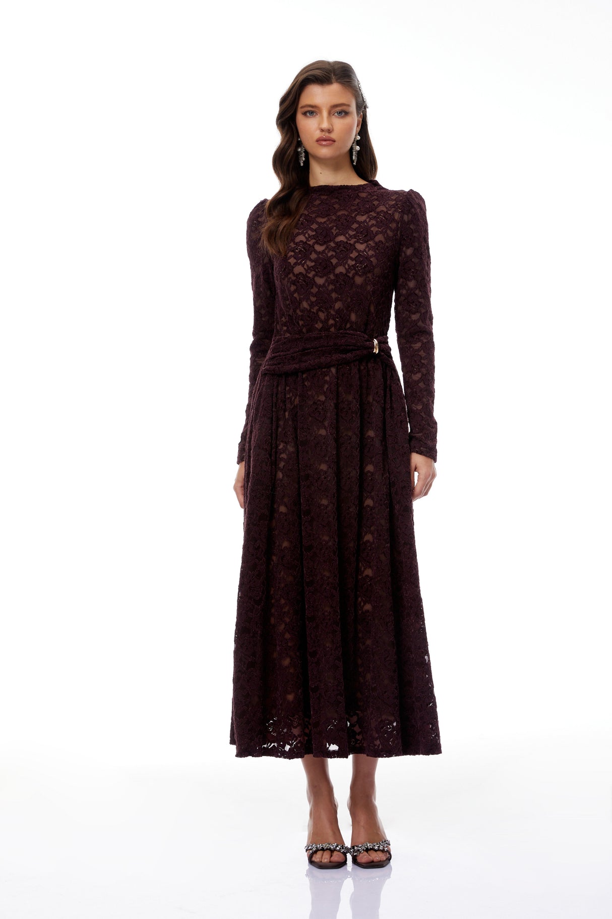Aurohaya Ricardo Burgundy Chenille Lace Midi Dress