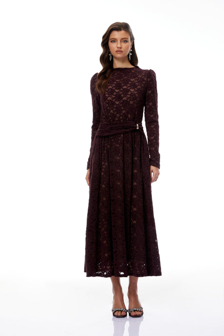 Aurohaya Ricardo Burgundy Chenille Lace Midi Dress