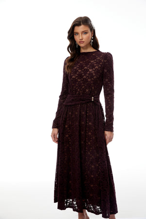 Aurohaya Ricardo Burgundy Chenille Lace Midi Dress