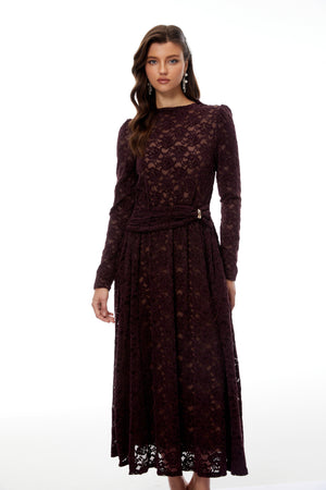 Aurohaya Ricardo Burgundy Chenille Lace Midi Dress