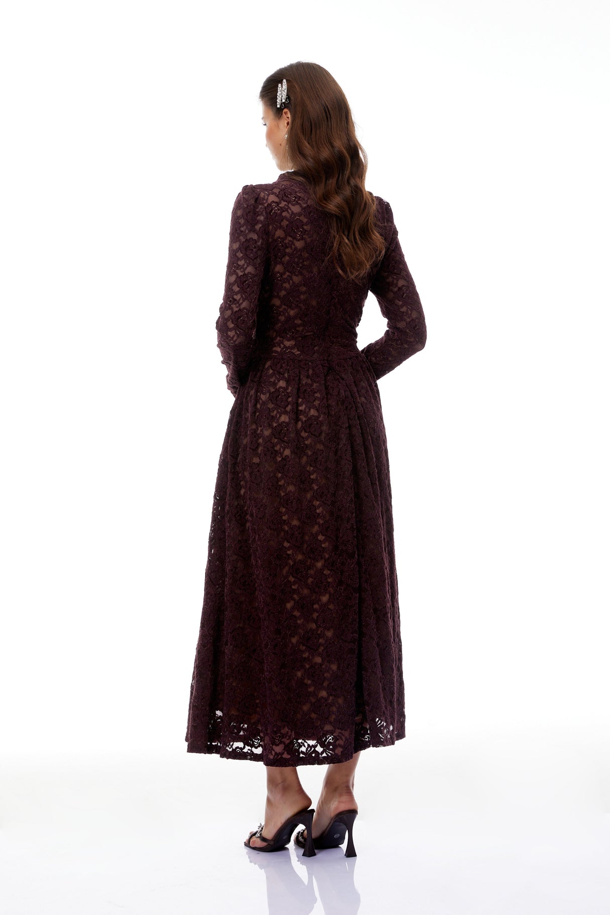 Aurohaya Ricardo Burgundy Chenille Lace Midi Dress