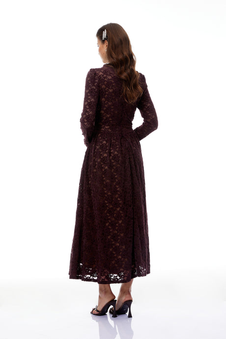 Aurohaya Ricardo Burgundy Chenille Lace Midi Dress