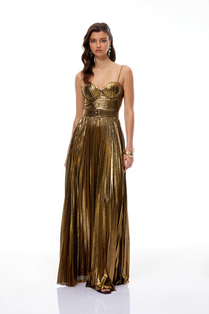 Aurohaya Calliope Gold Glossy Pleated Maxi Dress