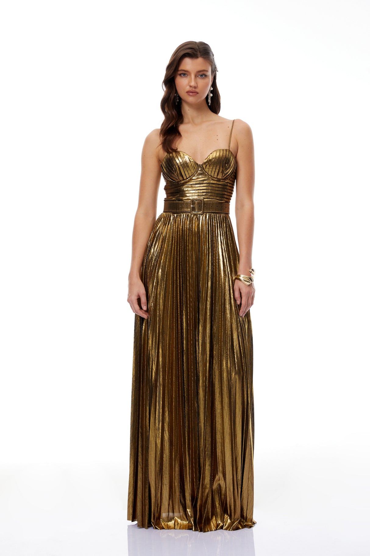 Aurohaya Calliope Gold Glossy Pleated Maxi Dress