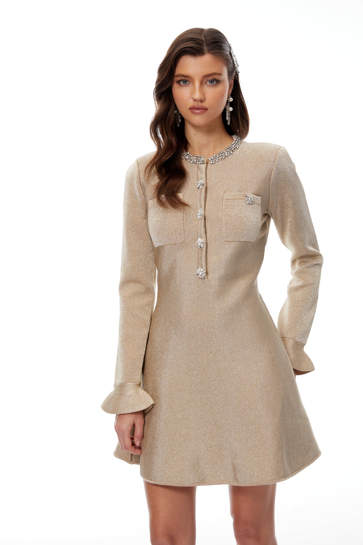 Aurohaya Cayetana Khaki Crystal Embellished Knit Mini Dress