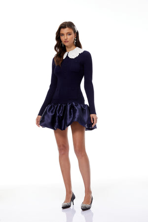 Aurohaya Aroa Navy Blue Satin Panel Knit Mini Dress