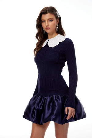 Aurohaya Aroa Navy Blue Satin Panel Knit Mini Dress