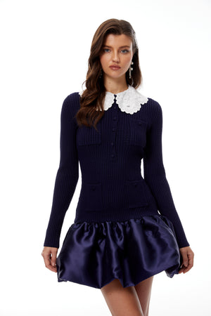 Aurohaya Aroa Navy Blue Satin Panel Knit Mini Dress