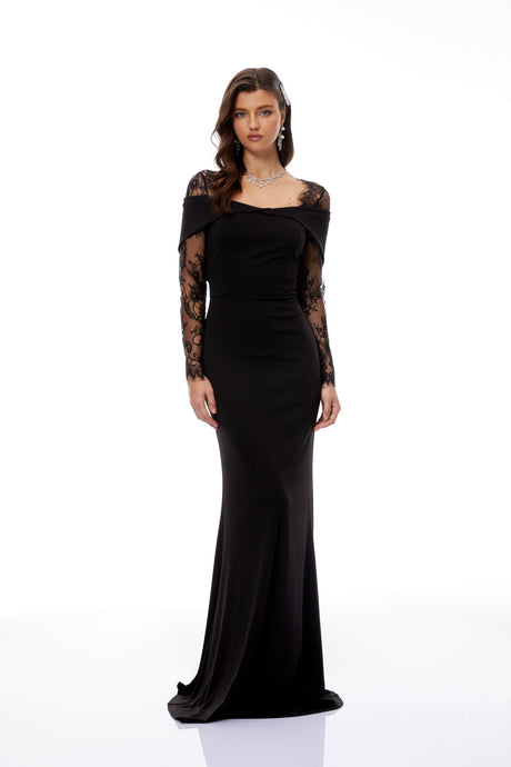 Aurohaya Georgiana Black Lace Panel Flared Maxi Gown