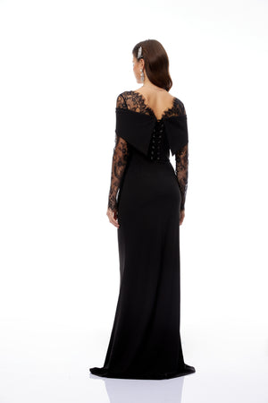 Aurohaya Georgiana Black Lace Panel Flared Maxi Gown