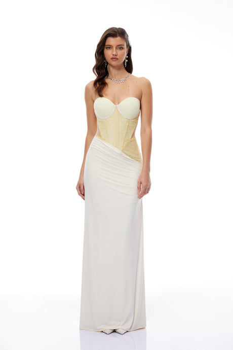 Aurohaya Beata Yellow Lace Corset Bodice Maxi Dress