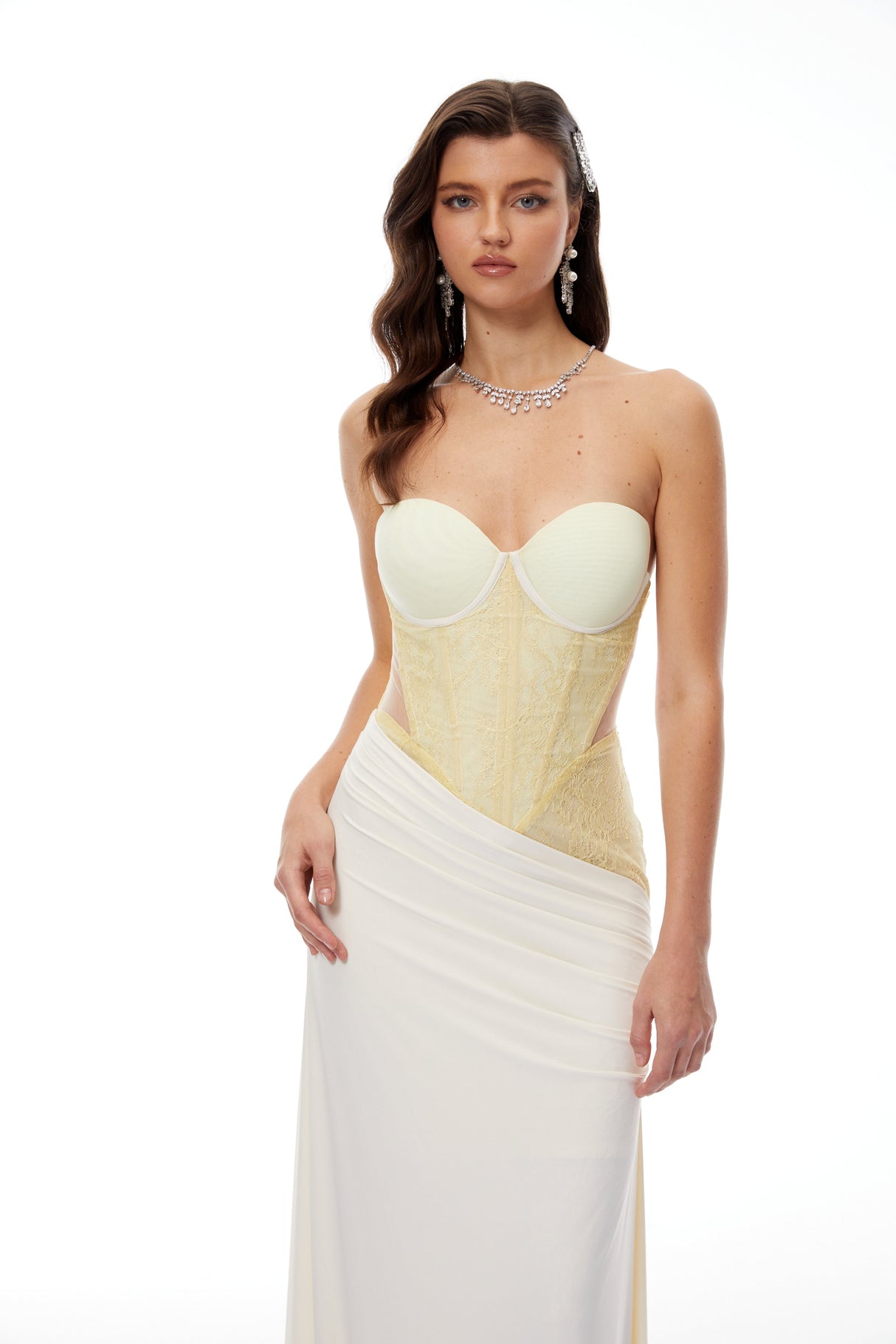 Aurohaya Beata Yellow Lace Corset Bodice Maxi Dress