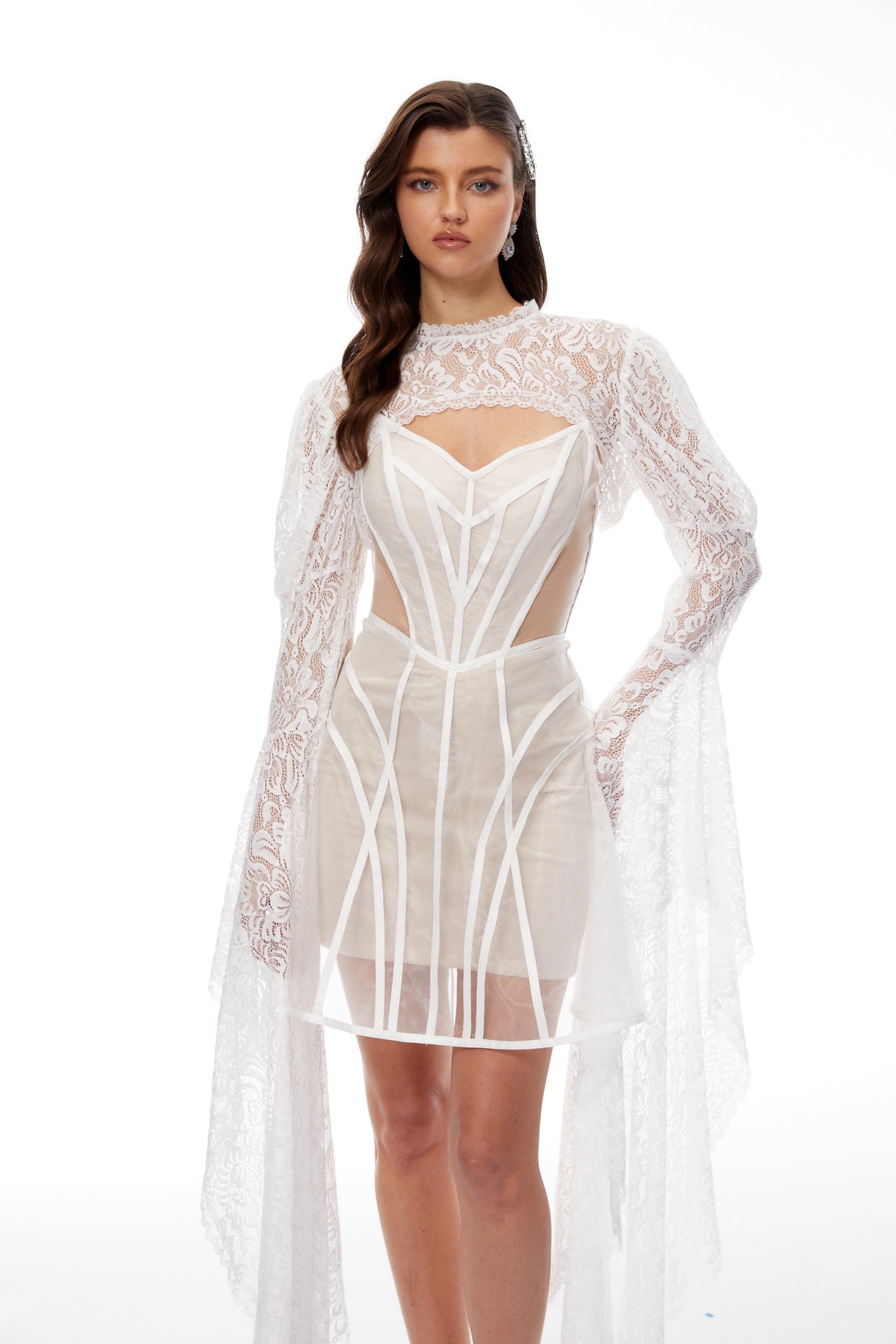 Aurohaya Ilaria White Lace Shrug & Linear Organza Dress Set