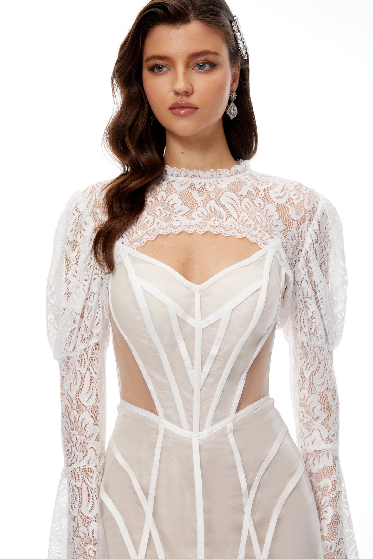 Aurohaya Ilaria White Lace Shrug & Linear Organza Dress Set