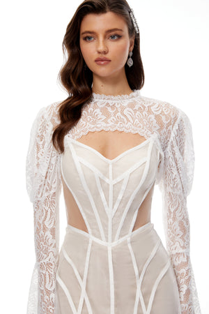 Aurohaya Ilaria White Lace Shrug & Linear Organza Dress Set