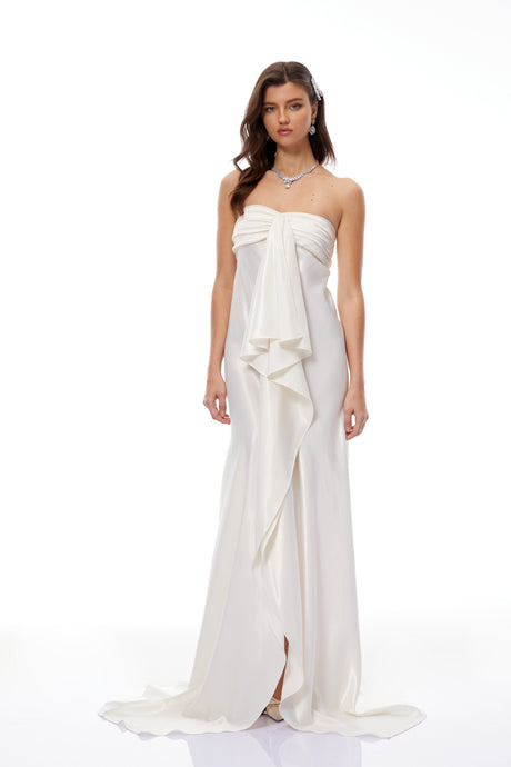 Aurohaya Lilla Beige Strapless Ruffled Satin Maxi Dress
