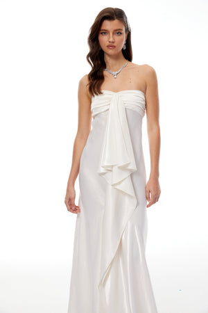 Aurohaya Lilla Beige Strapless Ruffled Satin Maxi Dress