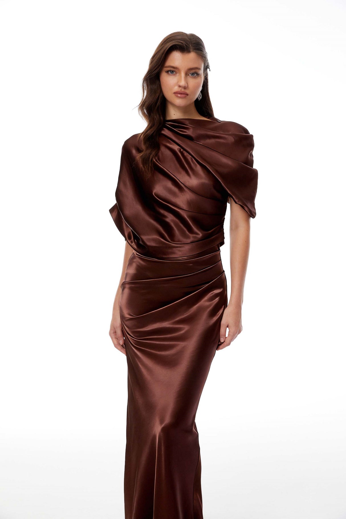 Aurohaya Luisa Brown Asymmetrical Gathered Satin Maxi Dress