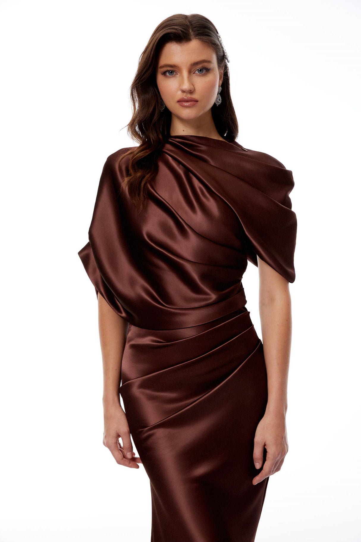 Aurohaya Luisa Brown Asymmetrical Gathered Satin Maxi Dress