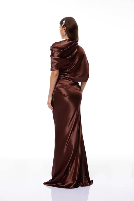 Aurohaya Luisa Brown Asymmetrical Gathered Satin Maxi Dress