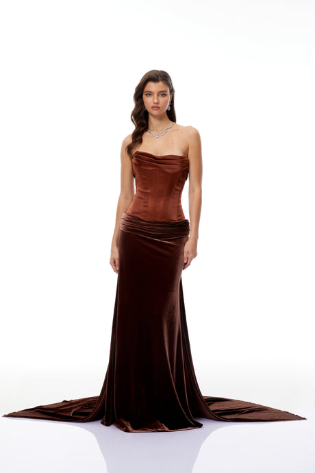 Aurohaya Zoé Brown Strapless Velvet Corset Maxi Gown