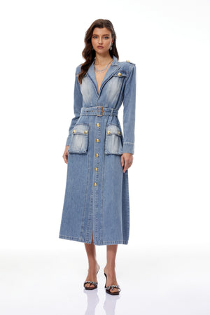 Aurohaya Tyra Blue Faded Denim Maxi Dress