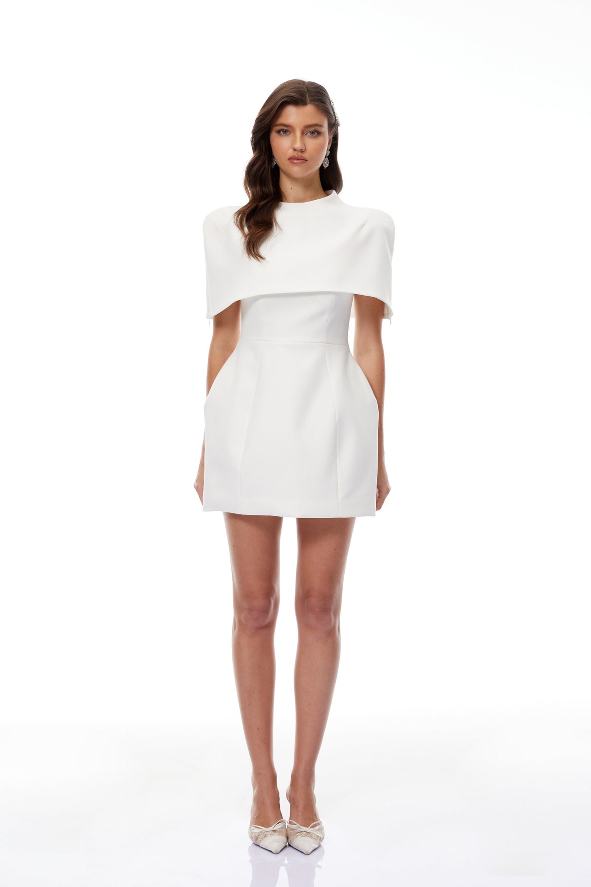 Aurohaya Kristveig White Cape Design Structured Mini Dress