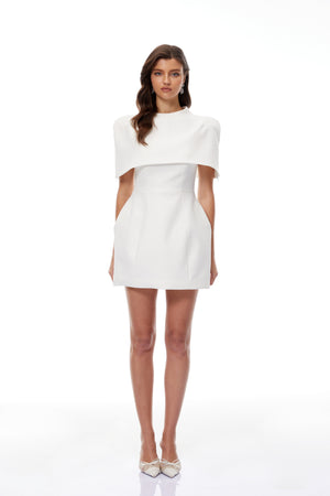 Aurohaya Kristveig White Cape Design Structured Mini Dress
