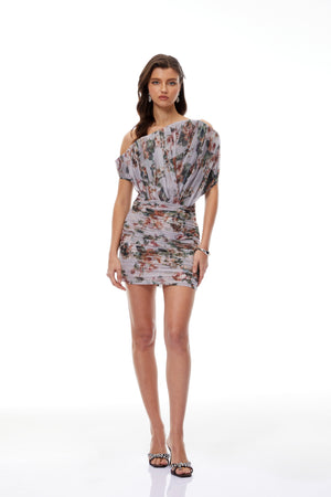 Aurohaya Felicia Grey Asymmetrical Floral Print Mini Dress