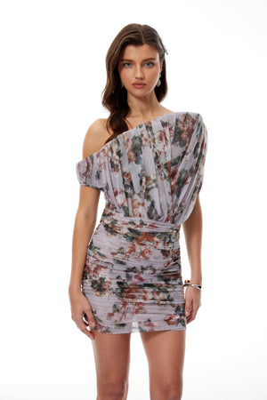 Aurohaya Felicia Grey Asymmetrical Floral Print Mini Dress