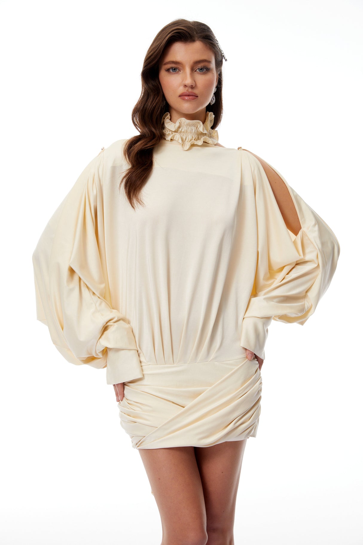 Aurohaya Vaka Butter Open Back Ruched Mini Dress
