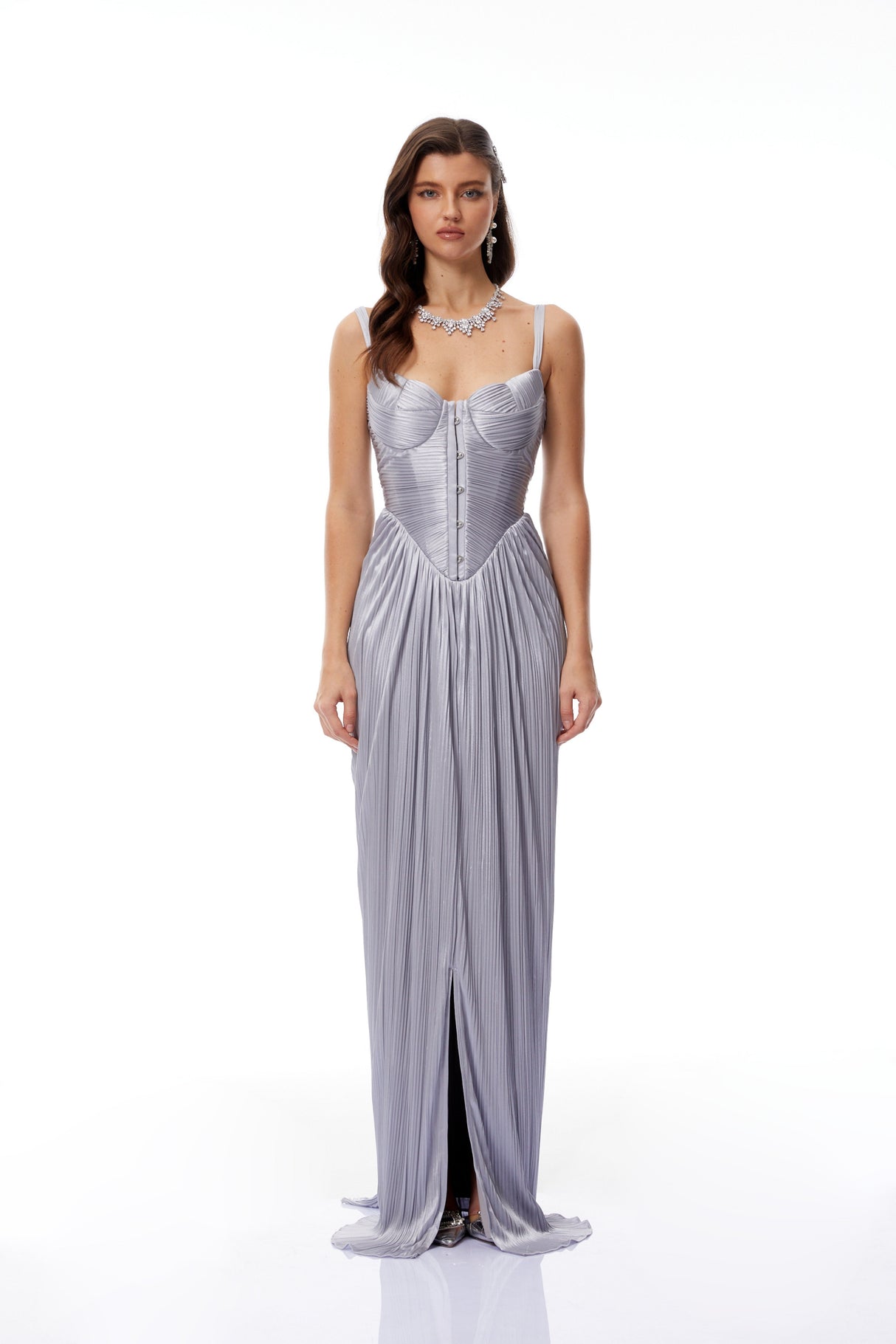 Aurohaya Nicoletta Silver Glossy Pleated Corset Maxi Dress