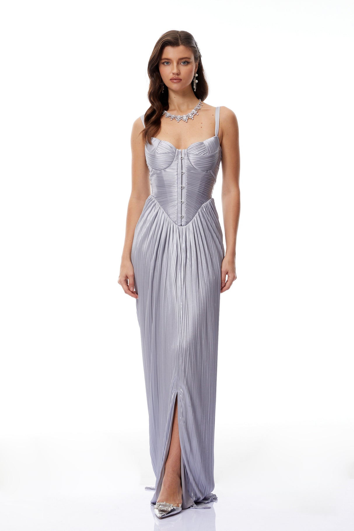 Aurohaya Nicoletta Silver Glossy Pleated Corset Maxi Dress