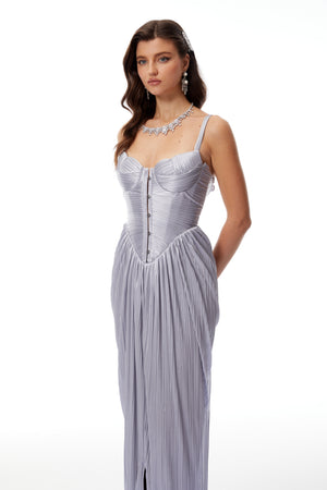 Aurohaya Nicoletta Silver Glossy Pleated Corset Maxi Dress