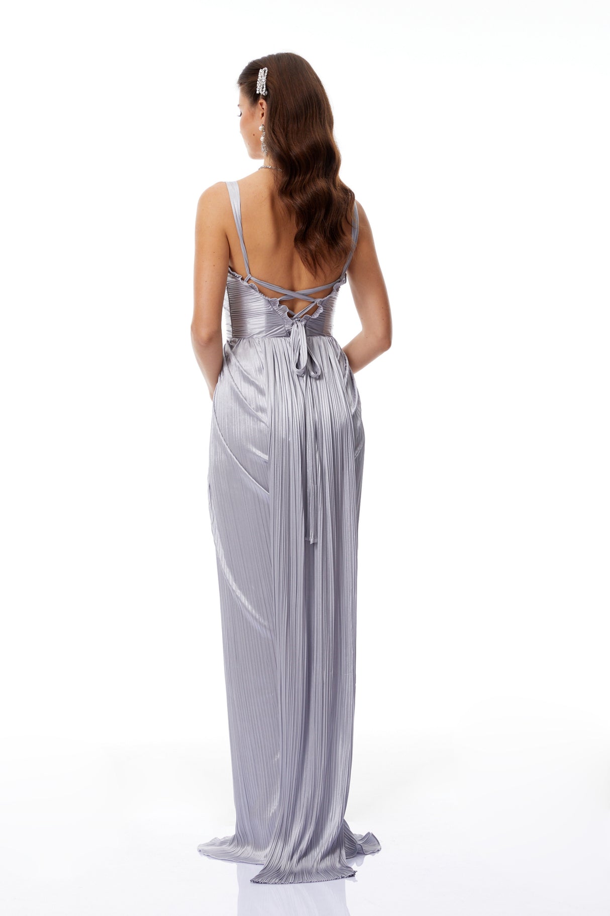 Aurohaya Nicoletta Silver Glossy Pleated Corset Maxi Dress