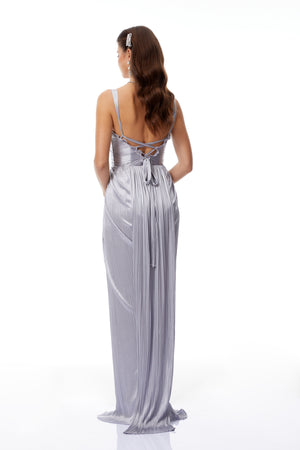 Aurohaya Nicoletta Silver Glossy Pleated Corset Maxi Dress