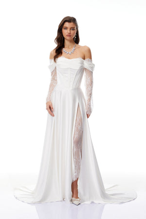 Aurohaya Víctor White Off-Shoulder Lace Panel Maxi Dress