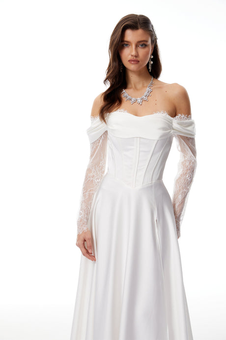 Aurohaya Víctor White Off-Shoulder Lace Panel Maxi Dress