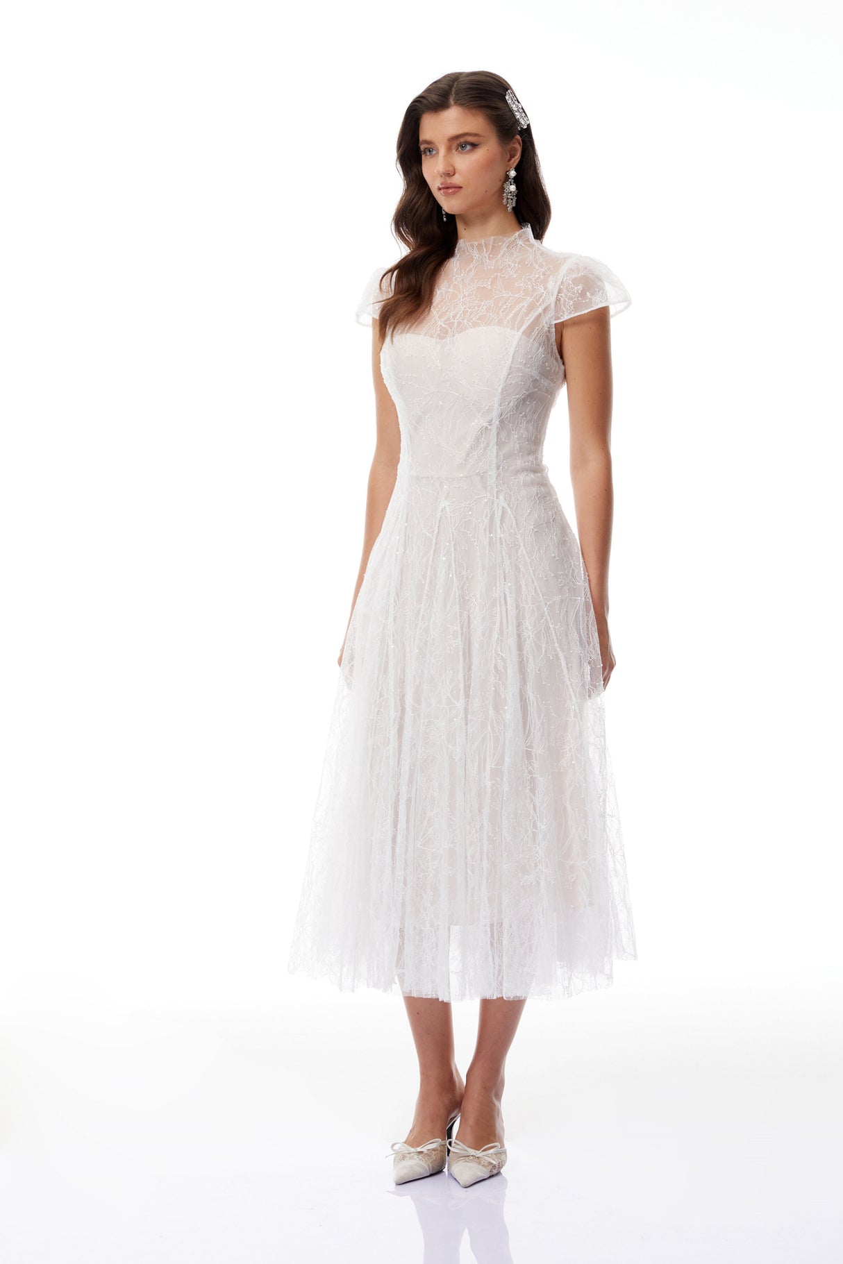 Aurohaya Velia White Lace Glitter Tulle Maxi Gown